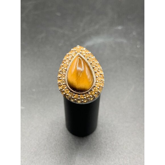 Tiger Eye Ring Drop Shaped Citrine Pave Sterling Silver Elegant Cocktail Ring - Picture 2 of 5